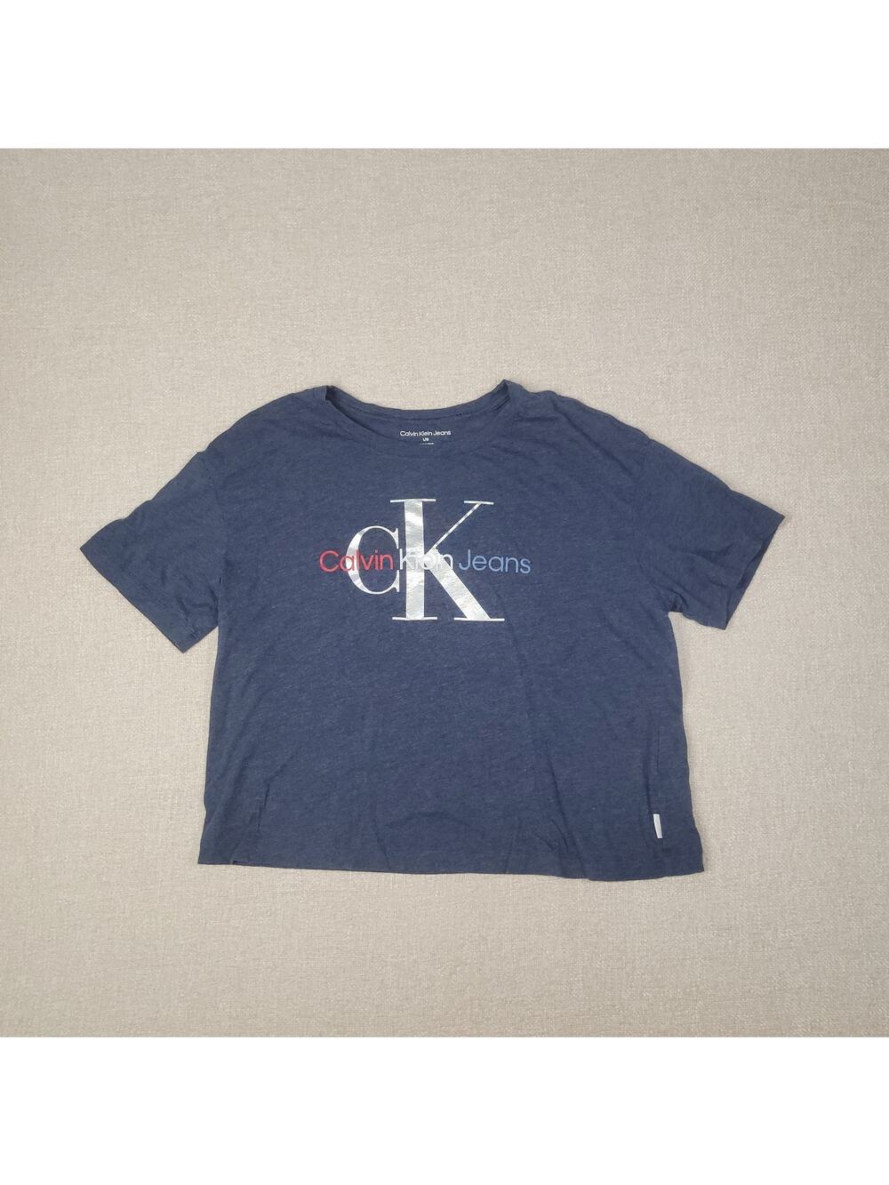 Calvin Klein Women's Short Sleeve Boxy Fit Cropped T-Shirt Dark Gray/blue Large